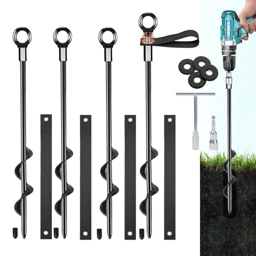 LIFEBED Trampoline Anchors High Wind Heavy Duty 17.7" Set of 4, Earth Ground Anchor Screw in, Trampoline Wind Stakes with Straps, Shed Anchor Kit for Mobile Home, Canopies, Carport, Gazebo, Swing Set