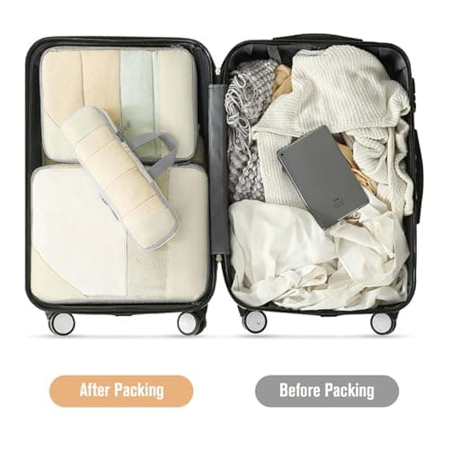 WOOMADA Compression Packing Cubes for Suitcases Travel Essentials 6 Set Rectangle Mesh Expandable Travel Bags Organizer for Luggage(Beige) - Thumbnail 5