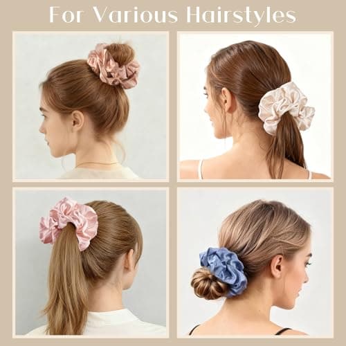 Lolalet Big Satin Scrunchies for Women, 5.9 Inch Large Oversized Scrunchie, Soft Jumbo/Giant Scrunchies Hair Ties for Thick & Curly Hair -4 Pack, Blue/Caramel/Pink/Champagne - Thumbnail 3