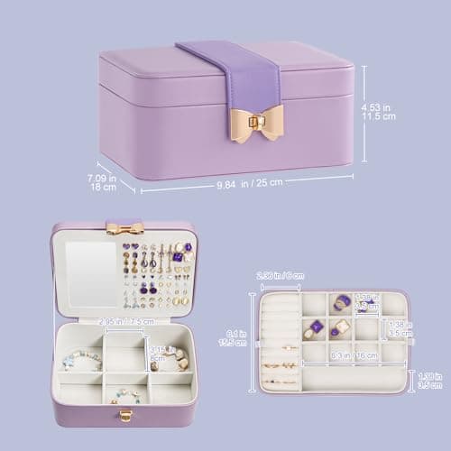 Lolalet 2 Layer Jewelry Box for Teen Girls & Young Women, Jewelry Organizer Case with Bow Clasp and Mirror for Earrings Rings Necklaces Storage, Gift Idea -Purple - Thumbnail 3