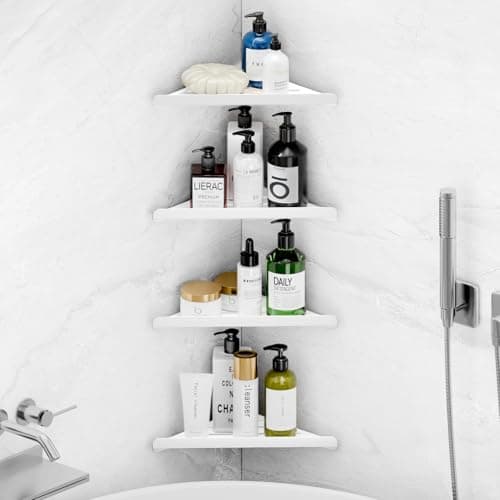 Fikoksol Shower Caddy, 4 Pack Bathroom Corner Shelf, Triangle Shelf Storage for Bathroom Shower, White Metal Shower Shelf & Rustproof Wall Mounted Adheisve Glue Organizer Accessories and Essentials - Image 1