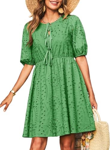 Dokotoo Womens Summer Dresses Casual V-Neck Short Lantern Sleeve Party Dresses Tie Front Hollow Out A Line Eyelet Dress Fashion Tie Front Cotton Dresses for Women 2026 Dark Green Medium - Image 1
