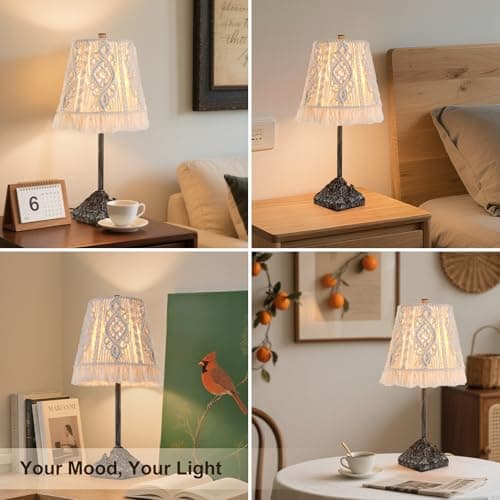 BOXEMIYA - 2-Piece 24-inch Vintage Desk lamp, Handcrafted Bohemian Cotton Rope lampshade and Handcrafted Vintage Base, Resin Decorative Desk lamp, Suitable for Living Room, Bedroom, Ivory White - Thumbnail 6
