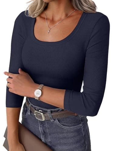 GKBK Womens 3/4 Sleeve Scoop Neck Tops Ribbed Knit Slim Fitted Casual Basic Tee Shirts 2026 Summer Fashion Trendy Work Casual T-Shirt Workout Outfits Thermal Undershirts Clothes Navy Blue S - Image 1