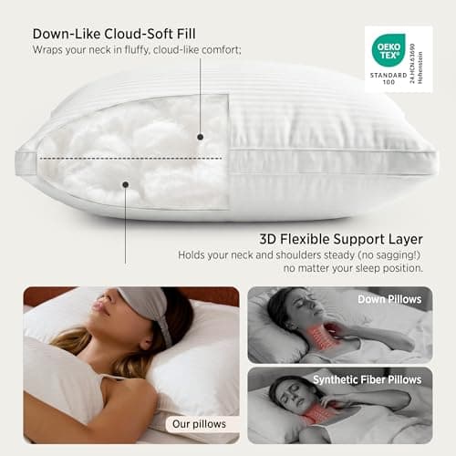 Bedsure Queen Size Bed Pillows Set of 2 - Hotel Quality Gusseted Down Alternative Pillow, 100% Cotton Cover PureWoven 300TC, Dual Chamber Fluffy Support Suitable for All Sleeping Positions - Thumbnail 2