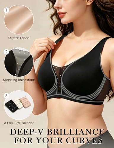 REALWILL Seamless Jelly Bra for Women Supportive No Underwire Lingerie Sexy V Mesh Wide Strap Bras Comfortable Tshirt Bra Black XL - Thumbnail 2