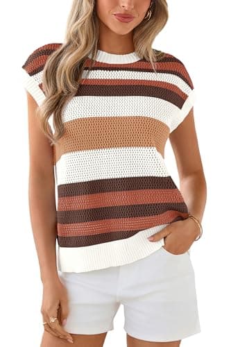 dowerme Womens Spring Tank Tops 2026 Cute Cap Sleeve Crewneck Color Block Crochet Sweater Vest Striped Summer Outfits(Striped Brown White,X-Large) - Image 1