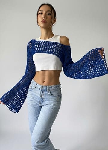 hathne Women Hollow Out Sweater Crop Flounce Off See Through Crochet Top Trumpet Long Sleeve Knit Top(Dark Blue,XL) - Thumbnail 2