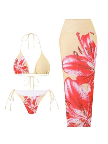 GORGLITTER Women's 3 Piece Bikini Set Floral Print Halter Top Swimsuits String Thong Bathing Suit with Beach Coverups Khaki X-Large - Image 1
