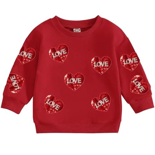Eatbook Toddler Girl Valentine Sweatshirt Sequin Kids Valentine's Day Shirt Valentine Heart Crewneck Sweatshirt Red - Image 1