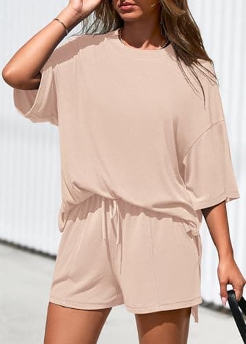 KIRUNDO 2 Piece Sets for Women Summer Lounge Sets Casual Oversized Tshirts Shorts Matching Airport Travel Outfits Postpartum(Beige, Medium) - Thumbnail 4