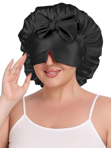 Vettres Double Layer Satin Bonnet for Sleeping with Detachable Eye Mask Adjustable Night Cap for Curly, Natural, Braided Hair Reduces Frizz & Locks in Moisture Yellow Strawberry - Image 1