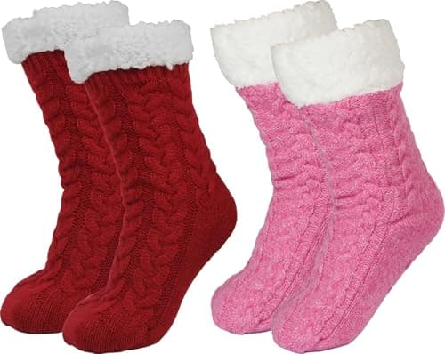 BenSorts Winter Thick Slipper Socks for Women Warm Cozy Soft House Sherpa Socks Slipper Non Skid with Grippers Gift Hot Pink Red 2 Pairs - Image 1