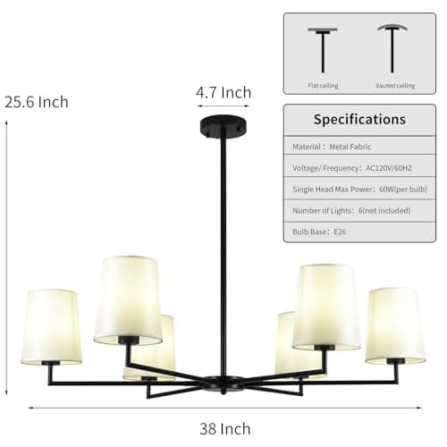 Omgomne 38" Farmhouse Black Chandeliers for Dining Room 6-Light - Thumbnail 3