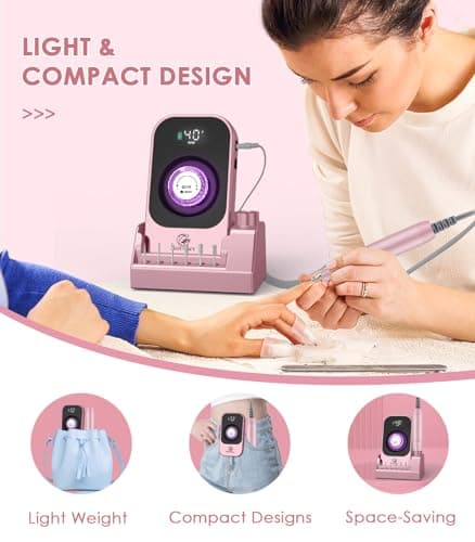 Portable Electric Nail Drill File: 40000RPM Professional Rechargeable Nail E-File Machine, Cordless Nail Drill with Bits & Base for Acrylic Nails Remove Nail Gel Polish Manicure for Salon Home - Thumbnail 5