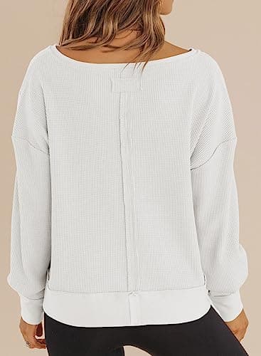 Dokotoo White Long Sleeve Shirts for Women Cropped Sweaters 2025 Spring Outfits Fashion Womens Tops Trendy Blouses Dressy Casual Loose Fit Tshirts Plain Comfort Western Waffle Knit Clothing M - Thumbnail 2