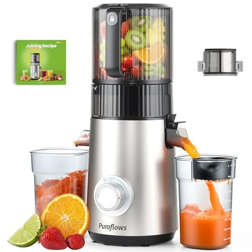 Puraflows Auramist Cold Press Juicer Machine with 6’’ Large Feed Chute, 600W Slow Masticating Juicers for Vegetable & Fruit, Easy to Clean, Electric, Standard Filter, Silver