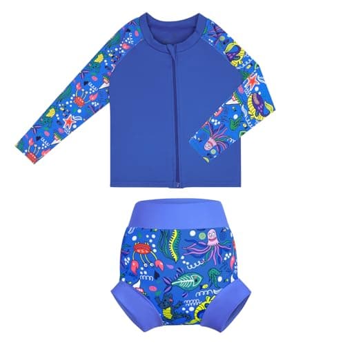 MOEMOE BABY Toddler Swimsuit Boys Girls Rash Guard Swim Diapers Set Kids Bathing Suit 2 Pieces Quick Dry UPF 50+ 2 Years Blue - Image 1