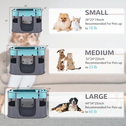 Portable Dog Cat Playpen with Waterproof Pad,Collapsible Pet Puppy Kitten Crate,Foldable Small Animals Kennel Cage for Indoor Outdoor Travel Camping,Water-Resistant Breathable Shade Cover (Green M) - Thumbnail 2