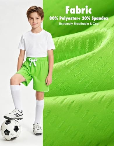 Cozople Boys Athletic Shorts Quick Dry Mesh Lightweight Basketball Shorts for Kids with Elastic Waist Drawstring Green Deep Side Pockets for Camp Sports Running - Thumbnail 4