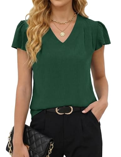 Gleeneat Womens Business Casual Work Blouses Summer Dressy Casual Dress Ruffle Short Sleeve Shirts Flowy V Neck Cute Office Tops 2026 Trendy Outfits Blusas Casuales de Mujer Bonitas Dark Green - Image 1