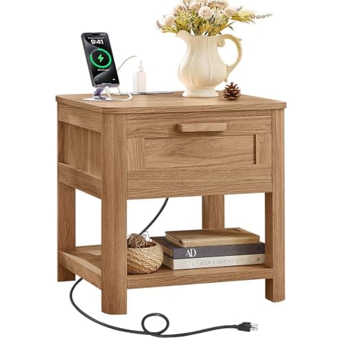 Joaxswe Farmhouse Side Tables Living Room, Small Nightstand with 1 Drawers & Open Shelving & 4 Thickened Table Legs, Dark Wood