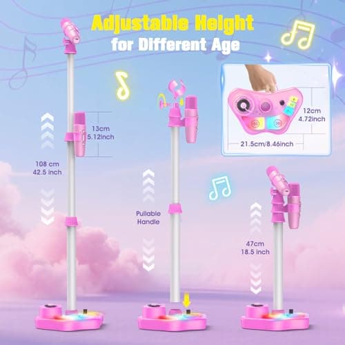 Kids Adjustable Stand Karaoke Machine Toy, 3-8 Year Old Girls Rechargeable Microphone Portable Bluetooth Speaker with 2 Mics, Toddlers Birthday Party Gifts Singing Toys for Girl Ages 3 4 5 6 7 8 - Thumbnail 5