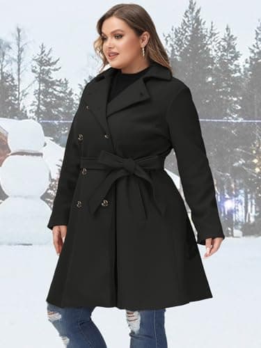 Hanna Nikole Plus Size Outwear Winter Wool Jacket for Women Mid Long Belted Classic Trench Coat Black 3X - Thumbnail 4