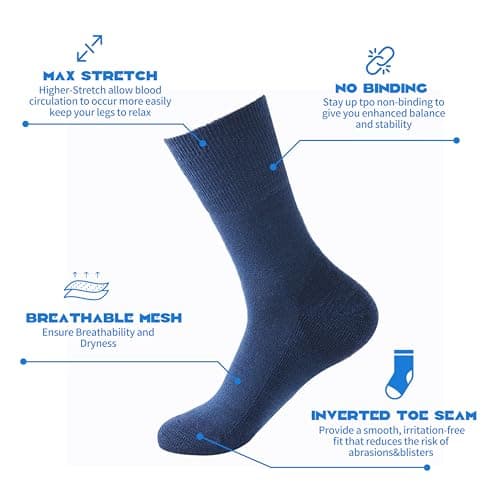 Forcool 3 Pairs Merino Wool Diabetic Men's Women's Non Binding Loose Top Crew Diabetes Extra Wide Seamless Toe Cushioned Sole Dress Socks, X-Large Gray Blue - Thumbnail 4