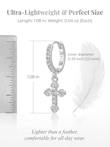 Sterling Silver Cross Hoop Earrings for Women 925 Silver Dangle Drop Earrings Dainty Trendy Sparkly Dangling Earrings Small Dangly Huggie Hoops with Cubic Zirconia Charms Mens Cross Earrings - Thumbnail 6