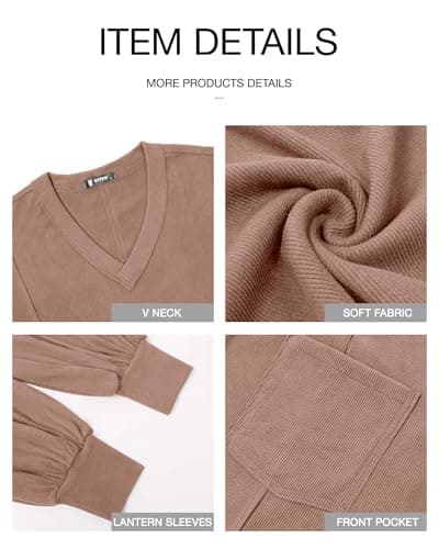 BTFBM Womens Fall Fashion 2026 Long Sleeve Shirts Casual V Neck Ribbed Knit Blouses Pullover Trendy Loose Fit Tunic Tops(Solid Khaki, Medium) - Thumbnail 6