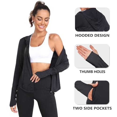AGVNG Womens UPF 50+ Long Sleeve Hooded Jackets Full Zip Lightweight UV Protection SPF Cooling Sun Shirts Workout Athletic Hiking Running Tops Thumb Hole Black S - Thumbnail 5