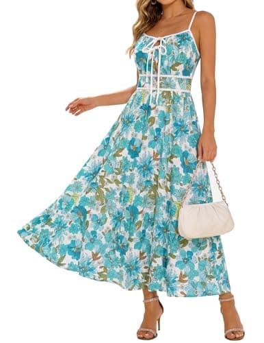 GRACE KARIN 2026 Women's Summer Maxi Floral Dress, Spaghetti Strap Tie Front Boho Sundress with Pockets, Green S - Image 1