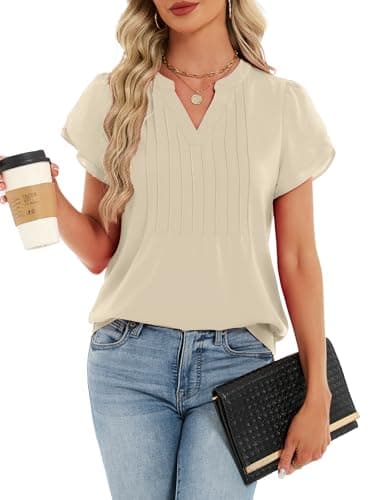 Funlingo Dressy Tops for Women Fashion 2026 Short Petal Sleeve Flowy Blouses Business Casual Office Shirt Loose Fitting Outfits Beige XL - Thumbnail 5