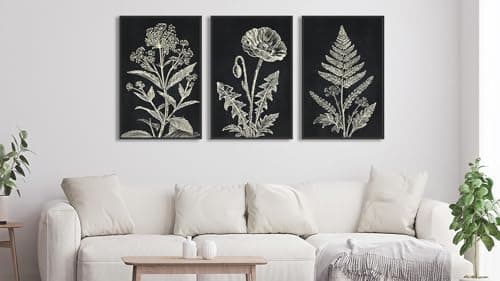 Large Framed Botanical Wall Art, Minimalist Floral Canvas Prints, Black and White Farmhouse Plant Artwork Flower Pictures for Living Room Bathroom Bedroom Office Décor 24"x36"x3Pcs - Thumbnail 2