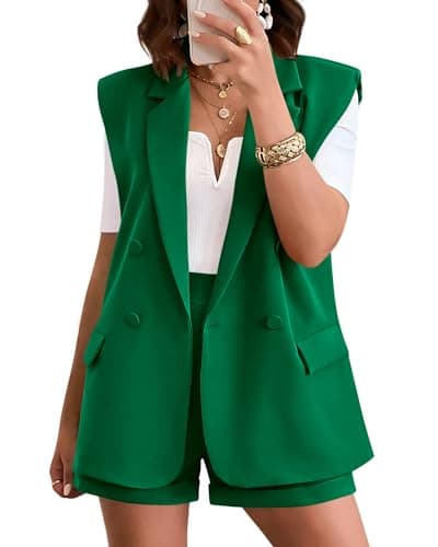 KIRUNDO Blazer Sets Women 2 Piece Outfits 2026 Summer Pad Shoulder Sleeveless Blazers and Elastic Waist Shorts Two Piece Short Set Vacation Outfits(Green, Medium) - Image 1