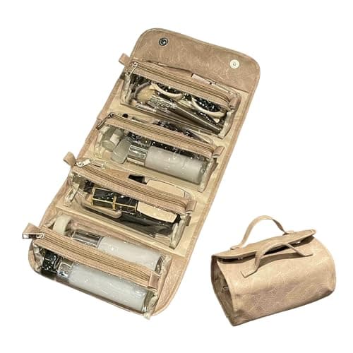 YAKUNCL 4-IN-1 Detachable Cosmetic Bag, Foldable Waterproof PU Leather Makeup Bag, Portable Travel Toiletry Organizer Bag for Women Daily & Travel Use (Classic Camel) - Image 1