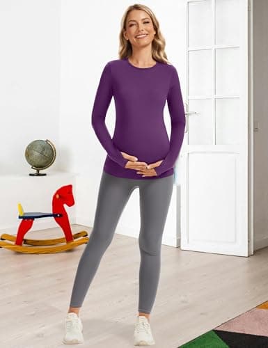 MathCat Maternity Long Sleeve Shirt with Thumbleholes,Pregnancy Casual Tops Athletic Yoga Maternity Shirts Purple - Thumbnail 3