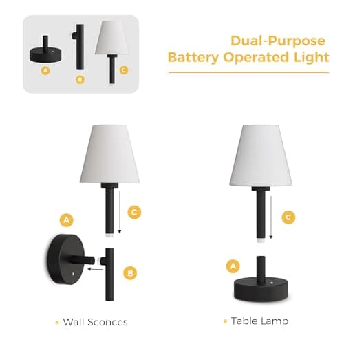L LOHAS LED Battery Operated Wall Sconce & Table Lamp Set of 2, 10000mAh Battery Powered Dimmable Wall Lamp with App, 15 DIY Color, Wireless Sconces Wall Decor for Living Room, Bedroom, Black - Thumbnail 5