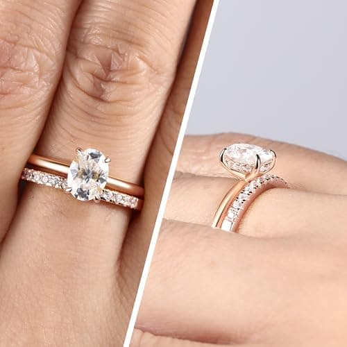 SILVERNANA 1.5ct Oval Moissanite Engagement Ring for Women D Color VVS1, Rose Gold Plated Sterling Silver Hidden Halo Solitaire Ring, Oval Cut Promise Ring Size 10 - Thumbnail 3