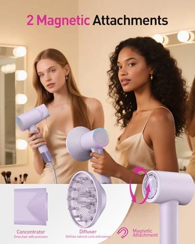 High-Speed Hair Dryer, 160,000 RPM Brushless Motor for Ultra-Fast Drying, 500M Ionic Negative for Frizz Reduce, Low Noise Thermo-Control Blow Dryer with Diffuser for Curly Hair Women and Men,Purple - Thumbnail 5