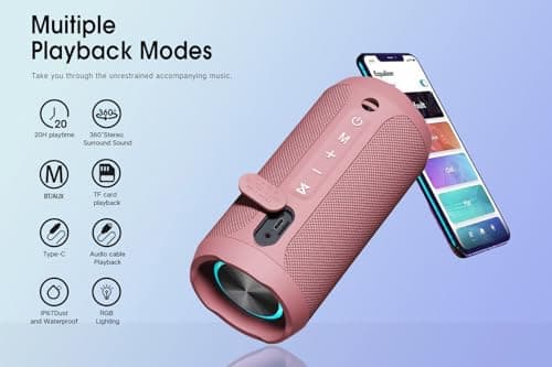 EDUPLINK Bluetooth Speaker IPX7 Waterproof Wireless Speaker with Bass 20H Playtime TWS Stereo Pairing Portable Outdoor Speakers for Beach Camping Travel Gifts for Men Women Girls Boys Teens Pink - Thumbnail 4