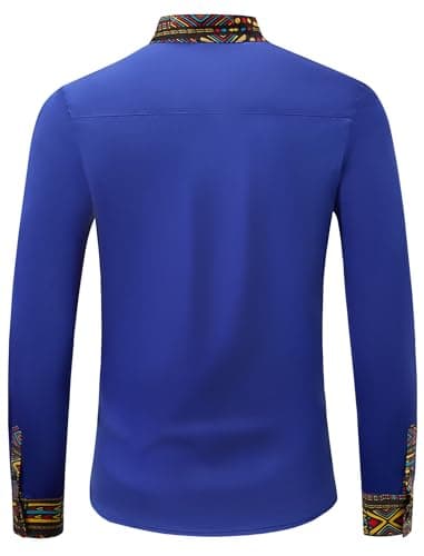 ZAFUL Men's Hipster African Tribal Graphic Patchwork Design Slim Fit Long Sleeve Button up Mandarin Collar Shirts (Blue Tribal Graphic L) - Thumbnail 3