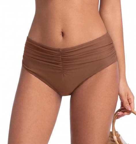 COCOPEAR Mid Rise Bathing Suit Bottoms for Women Ruched Tummy Control Swim Bottoms Full Coverage Bikini Bottoms for Women Dark Brown M - Thumbnail 2