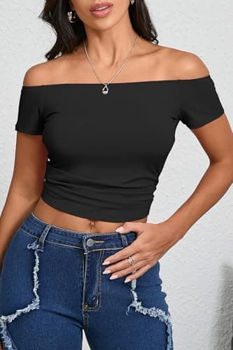 Imily Bela Womens Off The Shoulder Tops Short Sleeve Top Quick Dry T Shirts Trendy Y2k Going Out Crop Tops Slim Fit 2025 Black - Thumbnail 3