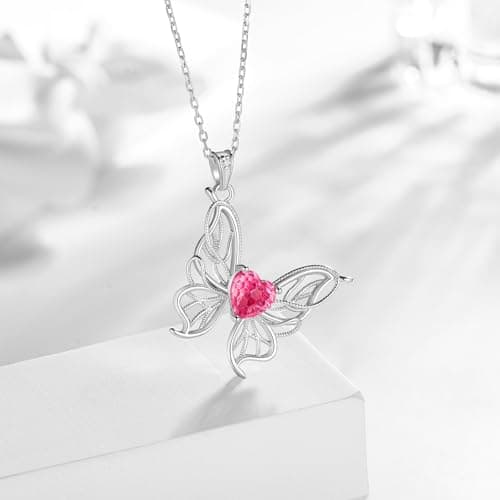 Filigree Butterfly Birthstone Pendant Necklace - 925 Sterling Silver Firework-Cut Heart Cubic Zirconia Twine Butterfly Necklace Anniversary Birthday Jewelry Gift for Women Wife Mom Daughter (07-July) - Thumbnail 2