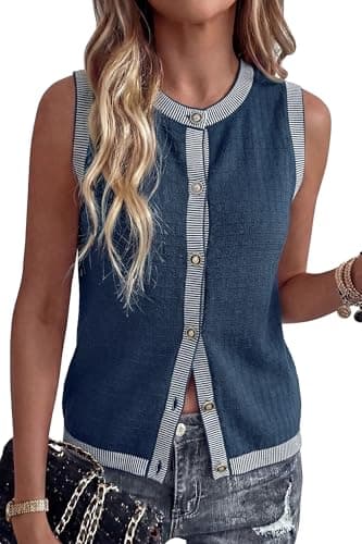 Arach&Cloz Spring Women's Cotton Crewneck Button Sweater Vests Tops 2026 Summer Business Casual Outfits Dressy Trendy Sleeveless Old Money Work Tank Clothing Fashion Cardigan Clothes Navy M - Image 1