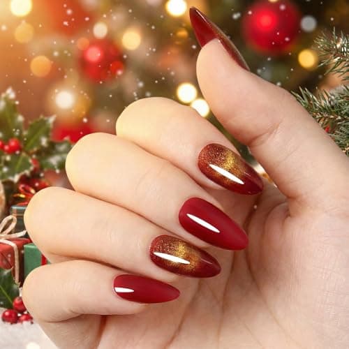 Zanvia Press On Nails Cat Eye- Hot Red Almond Glitter Static Acrylic Fake Nails, Reusable Manicure for Glam Party Style, 24 Nails in 12 Sizes with Glue, Tabs, File, Prep Pad, Manicure Stick