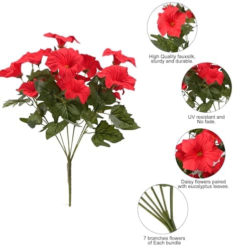 Vemander Artificial Fake Flowers Plants for Outdoor Decoration, 4PCS Faux Petunias Silk Flower UV Resistant No Fade for Home Outside Garden Balcony Yard Porch Realistic Indoor Decor (Red) - Thumbnail 2