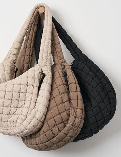 Quilted Tote Bag Puffer Large Quilting Carryall Shoulder Bags Puffy Lightweight Quilt Padding Hobo Bag Soft for Women Fashion Khaki - Thumbnail 3
